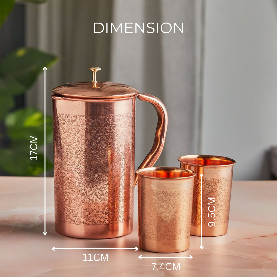 Handcrafted Pure Copper 3-Piece Embossed Design Jug Set