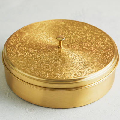 Handcrafted Pure Brass Masala Spice Box Embossed Design 8.5 Inches