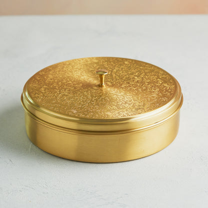 Handcrafted Pure Brass Masala Spice Box Embossed Design 8.5 Inches
