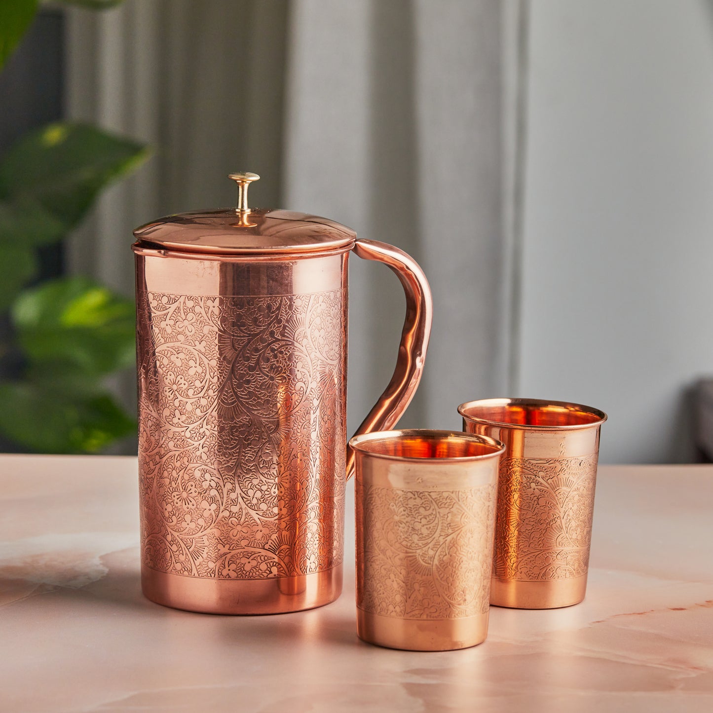 Handcrafted Pure Copper 3-Piece Embossed Design Jug Set
