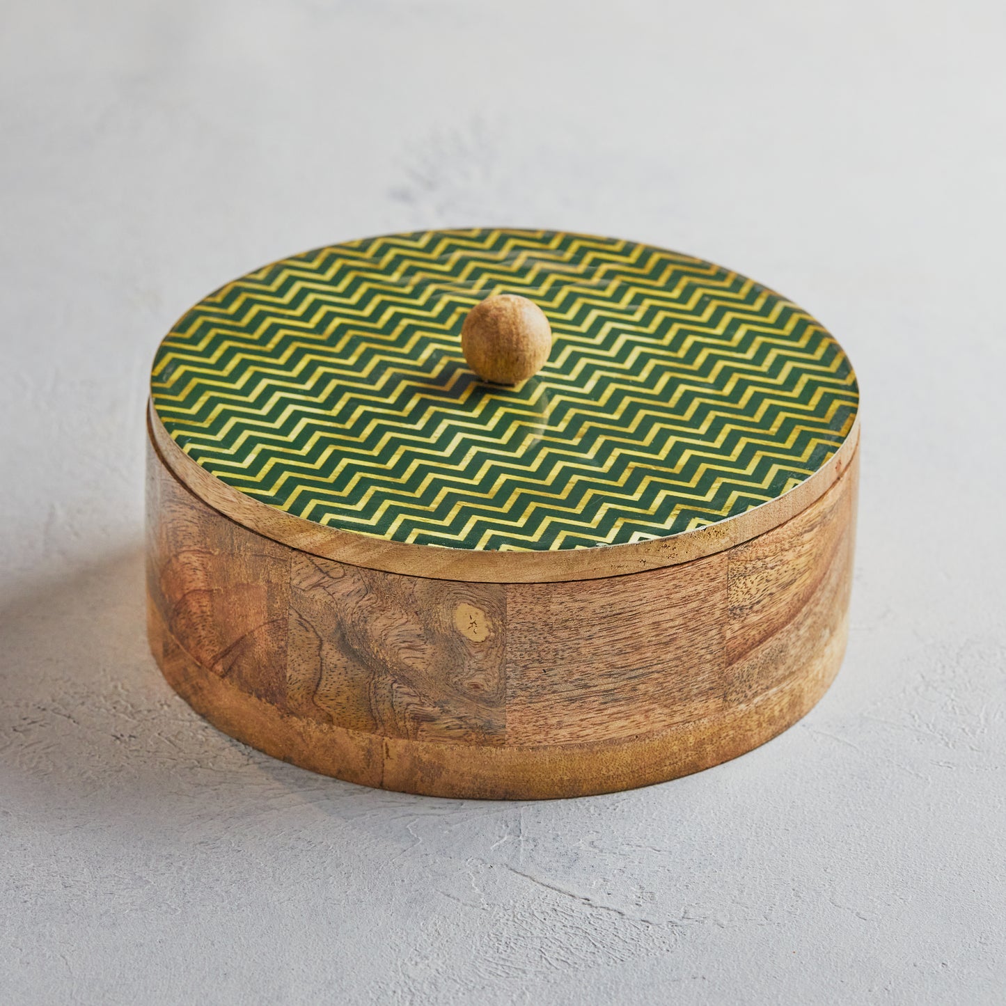 Handmade Wooden Roti Box Green Enamel Lid