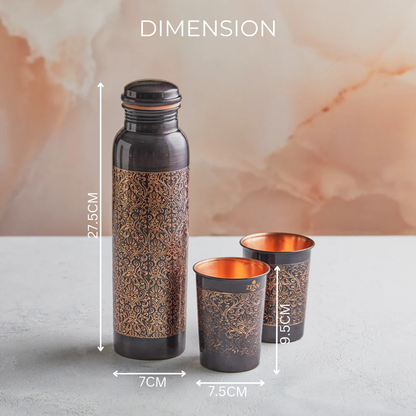 Pure Copper Water Bottle & Glass Set, Ayurvedic, Black Engraved Style