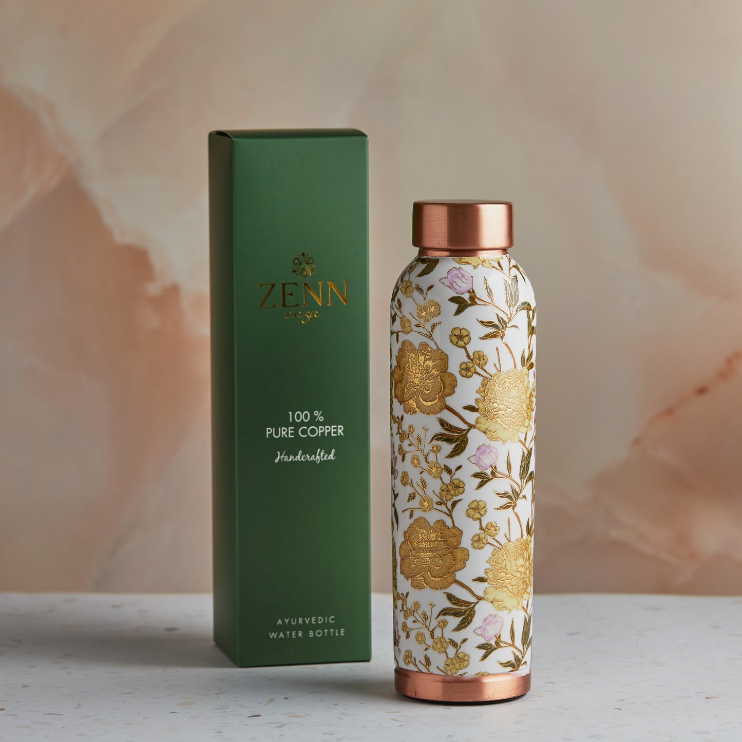 Pure Copper Ayurvedic Water Bottle Floral Gold 900ml